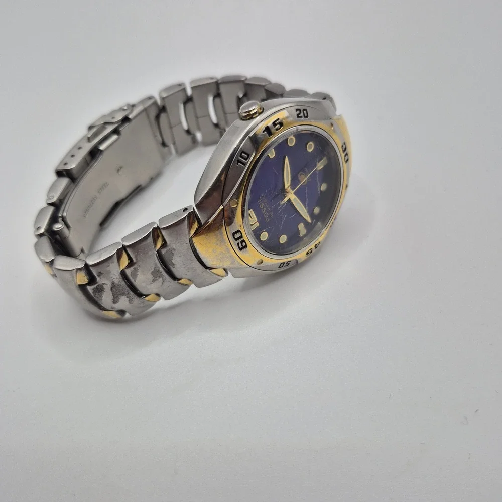 Fossil Blue Watch Mens Two Tone Stainless Steel Blue Dial Y2K Sport Need Battery